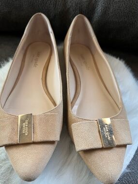 kate spade Norah Beige Suede Pointed Toe Bow Flats with Gold Plaque